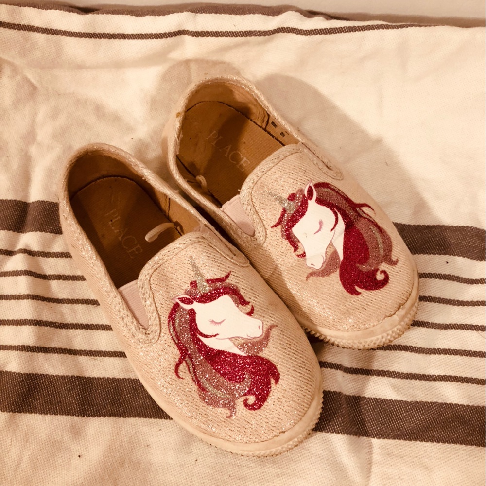 Size 8 Children’s Place sparkly unicorn slide on sneakers.